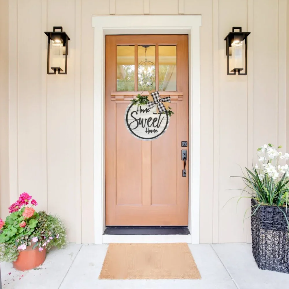 Home Sweet Home Front Door Hanging Sign with Buffalo Check Bow Farmhouse Shiplap